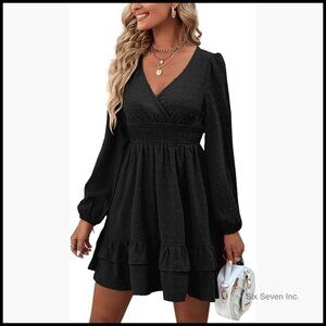 Wrap V Neck Swing Ruffle Swiss Dots Long Sleeve Mini Dress